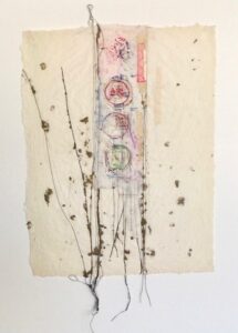Handmade paper collage w/artistic rubbings, string & spirit paper